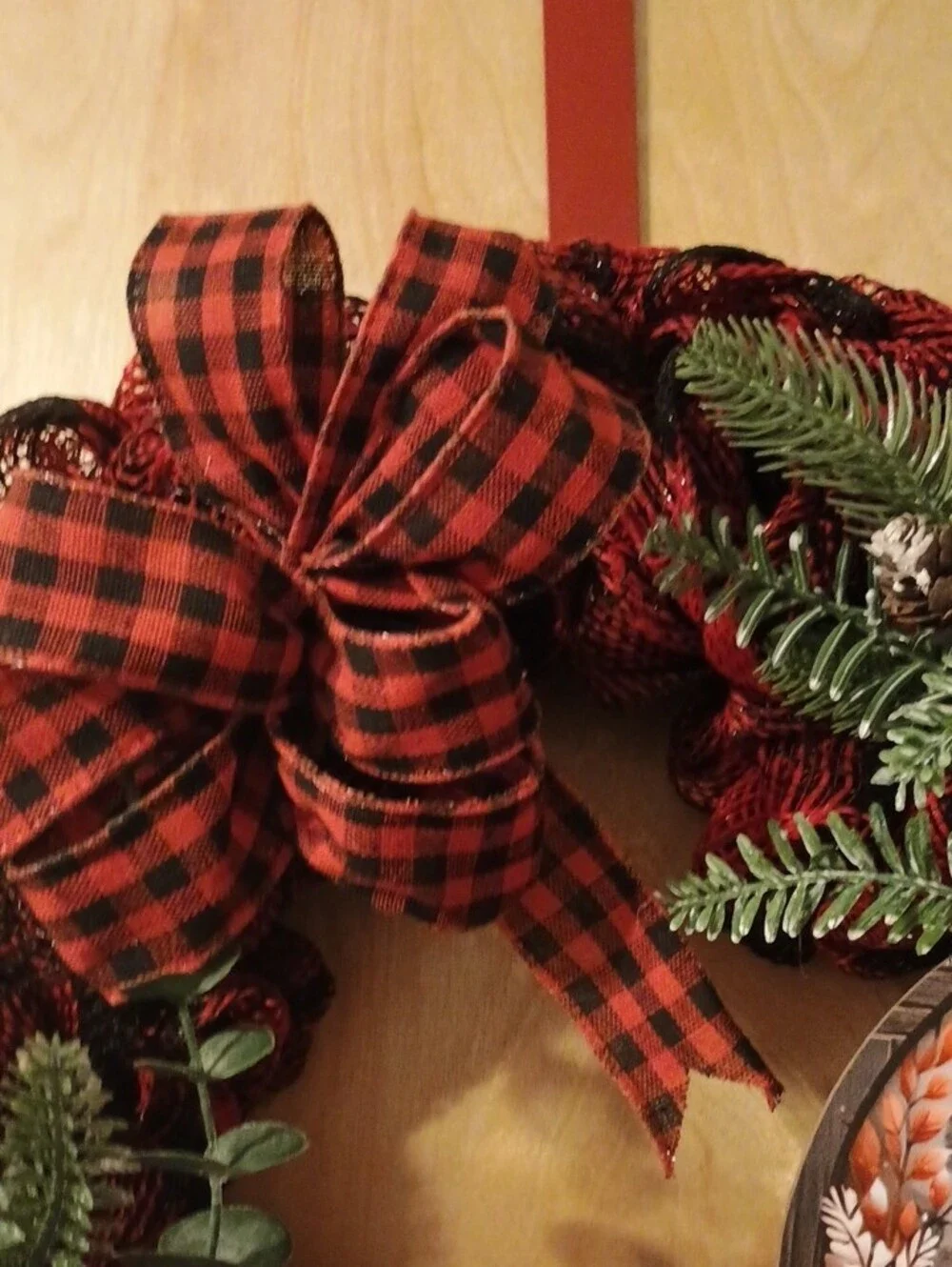 Red Buffalo Plaid Holiday Wreath with Snowman Accent